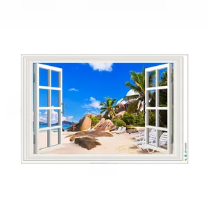 3D faux window wall decal with tropical beach landscape view in 90x60cm size