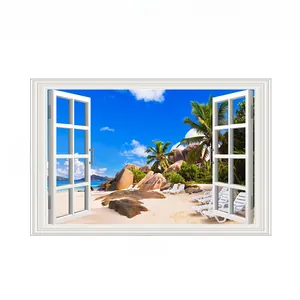 Detailed 3D tropical beach window wall sticker showing 86x56cm dimensions on a white wall