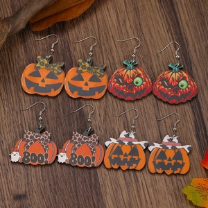 Set of 4 pairs of Halloween wooden earrings with western pumpkin and ghost designs