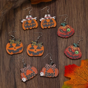 Western style Halloween wooden ghost pumpkin earrings set with stylish bows and BOO lettering