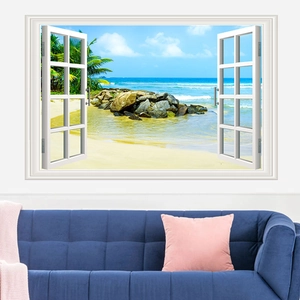 Detail of 3D tropical beach window wall sticker showing palm trees and ocean on home wall