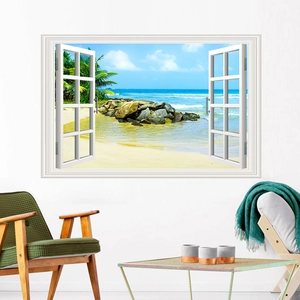 Detail of 3D tropical beach window wall sticker with realistic palm trees and ocean view