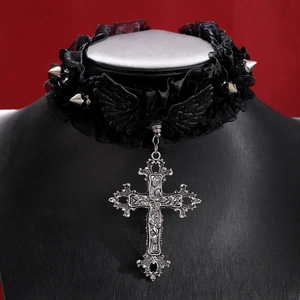 Gothic lace choker with silver cross pendant and metal spikes on dark red backdrop