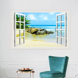 Detailed 3D wall decal showing a tropical beach view with white window frame on white wall