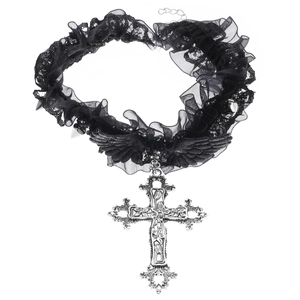 Gothic black lace choker necklace with large silver cross pendant and punk rivet accents