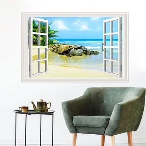 Detail view of 3D fake window wall sticker showing a tropical beach and sea view