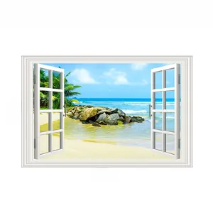 Detailed 3D window wall sticker showing tropical beach landscape view at 86cm x 56cm size