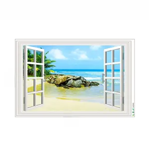 3D faux window wall sticker with tropical beach view measuring 90cm wide by 60cm high
