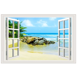Detail view of 3D window wall sticker showing tropical beach scenery and white frame