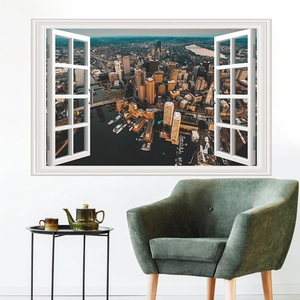 3D city skyline window view wall sticker with harbor landscape and urban buildings