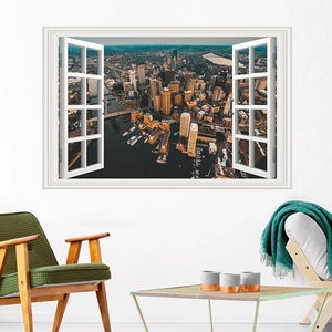 3D faux window wall decal featuring a sunset city skyline view for modern home decor