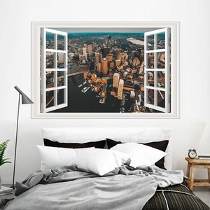 Detail showing 3D city port night view wall sticker with white window frame design