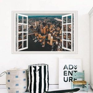 Detailed 3D fake window wall sticker featuring a panoramic modern city and harbor view
