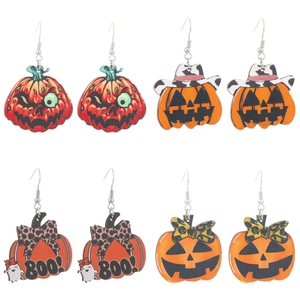 Halloween Wood Pumpkin Dangle Earrings Cartoon Ghost Face Leopard Bow Earrings For Women Party Festival Jewelry Accessory