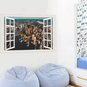Detailed 3D wall sticker showing city river view through open white window frame