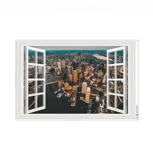 Detailed 3D fake window wall sticker showing Boston city skyline view in 90x60cm size