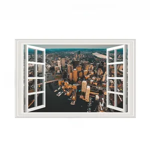 3D fake window wall decal showing city sunset landscape, dimensions 86cm x 56cm