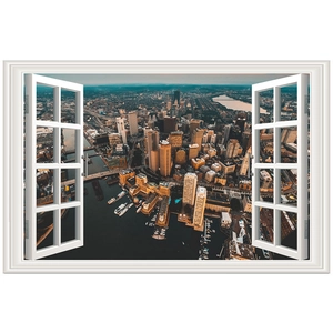 Detailed 3D window wall sticker showing a golden city skyline with harbor at sunset