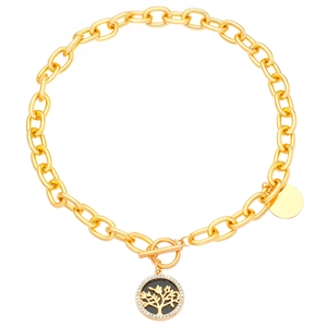 Collana a catena spessa dorata con ciondolo Albero della Vita e chiusura a T bar