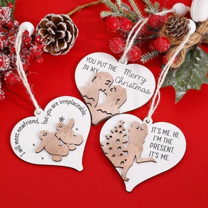 Three-piece wooden heart Christmas ornaments with laser-cut relief and white wooden beads