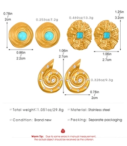 Detailed size chart for stainless steel vintage gold leaf and turquoise earrings set