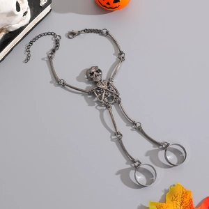 Gotisches Totenkopf-Armband mit Ring in Vintage-Silber-Optik für Halloween-Schmuck
