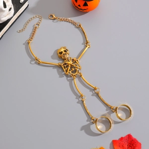 Gothisches Skelett-Handarmband in Gold mit Doppelringen für Halloween und dunkle Mode
