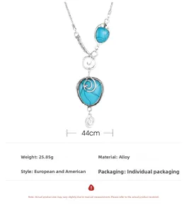 Detail of silver bohemian necklace showing blue stones and 44cm chain length parameters