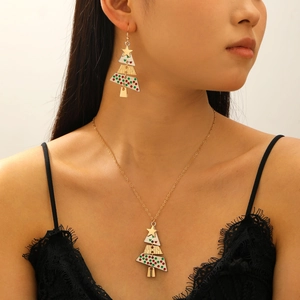 Detail view of model wearing festive Christmas tree alloy necklace and earrings set