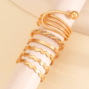 Poliertes Goldlegierung Ring Set mit Spiral, Zirkonia, schlichtem Band und Wellen-Designs