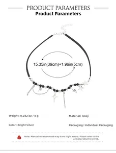 Detail view of black punk choker featuring silver alloy stars and delicate chain tassels
