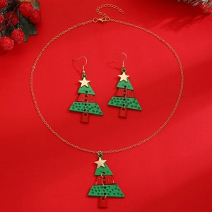 Detailed view of alloy Christmas tree pendant necklace and earrings on red background