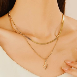 Stainless Steel Double Layered Layering Necklace For Women Gold Silver Plated Snake Bone Chain Heart Pendant Jewelry
