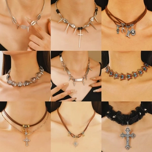 Stainless Steel Punk Gothic Cross Pendant Necklace For Women Men Vintage Streetwear Rivet Choker Blade Star Butterfly Jewelry