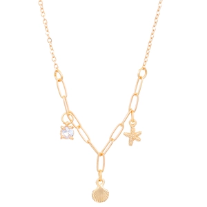 Collana dorata a tema marino con ciondoli a forma di stella marina, conchiglia e zircone