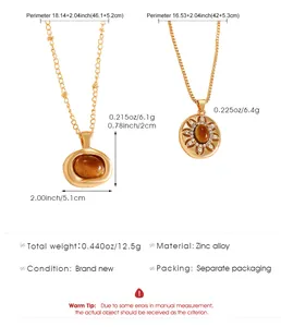 Size chart for vintage gold necklaces with brown tiger eye stones and alloy pendants