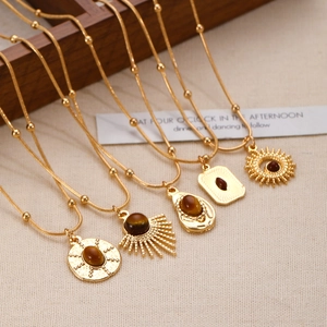 Vintage style gold tiger eye stone pendant necklaces set with snake chain design