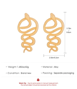 Detailed spec sheet of gold snake earrings showing 3.78 inch length and scale texture