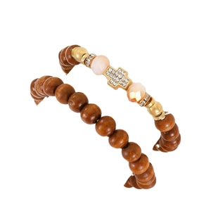 Religious 2-piece set with brown wood beads and a sparkling rhinestone cross charm