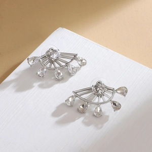 Vintage silver-plated fan-shaped drop earrings with micro-inlaid clear zircon stones