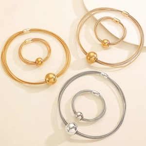 Minimalist multi-strand metal wire necklace and bracelet sets with polished magnetic spheres