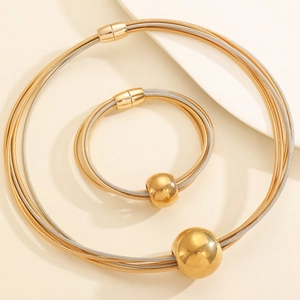 Chic multi-strand magnetic metal chain jewelry set with golden spherical beads