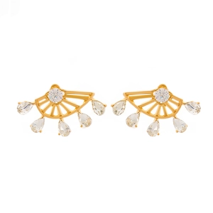 Vintage gold-plated hollow fan-shaped earrings with zircon and teardrop charms