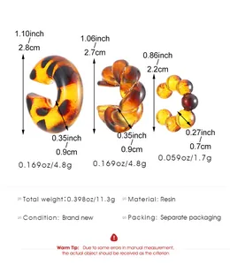 Size guide showing specifications for three vintage resin C-shaped hoop earring sets