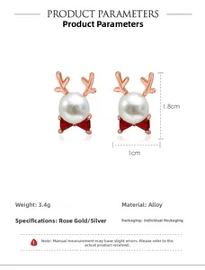 Detailed dimensions of reindeer pearl earrings with dimensions 1.8cm by 1cm and 3.4g weight
