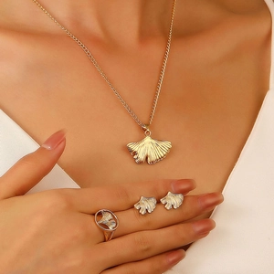 Ginkgo Blatt Schmuck Damen Legierung Gingko Ahornblatt Halskette Ohrringe Ring Zirkonia Elegant Ins Stil Accessoires
