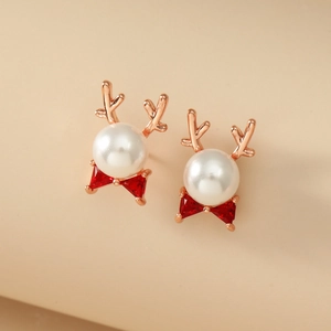 Christmas Reindeer Antler Pearl Stud Earrings Alloy Rhinestone Elk Earring For Women Holiday Party Elegant Jewelry Gift