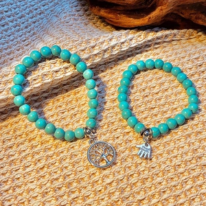 Set de bracelets en perles turquoise avec breloques Arbre de Vie et Main de Fatima