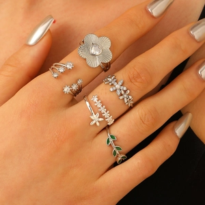 Close-up van 5-delige zilveren ringenset met zirkoonhart en groene bladdetails op hand