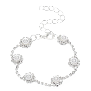 Pulsera trenzada de strass con flores de perlas plateadas y cierre ajustable